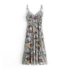 Holiday Summer Lemon Floral Print Sling Dress Sexy Sleeveless V Neck A-line Chiffon Long Spaghetti Strap Casual Beach 210429