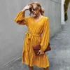 Women Elegant Autumn Winter Dresses V-neck Casual A-Line Midi Dress Vintage Red Yellow Striped Sashes Lace-up Veatidos 210415