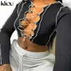 Kliou sexy hollow out drawstring bandage full sleeve crop top ribbed striped short t-shirt club party wear streetwear outfits X0628
