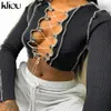 Kliou sexy aushöhlen Kordelzug Bandage volle Ärmel Crop Top gerippt gestreift kurzes T-Shirt Club Party tragen Streetwear Outfits X0628