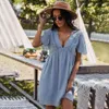 Spring Summer Sexy V Neck Solid Dress Women High Waist Jacquard Short Sleeve Fashion Loose Beach Holiday Short Dresses 210521