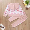 Vestiti per neonate Stampa arcobaleno rosa Top con cappuccio + pantaloni Set di abbigliamento in cotone nato per neonato 210429