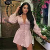 Asie Chemise À Manches Longues Robe Avec Corset Ceinture Tenue Décontractée Femmes Vintage Sexy Rose Mode Robes De Soirée Mini Blanc Vestdos 210706