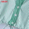 Summer Women Green Striped Crop Shirt Vintage Short Sleeve Knotted Hem Female Blouse Chic Tops BE638 210416