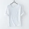 O-Neck Kortärmad T-shirts för män Lossa Casual Solid Färg Toppar Tees Bröst Patch Pocket Bomull Linen Mäns Mode Kläder 210601