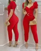 2021 European och American New Women's Temperament Red V-Neck Casual One-Pite Suit Y0702