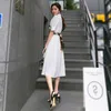 Korean Style Summer Women Elegant Fake Two Piece Shirt Office Lady Fashion Print Bow Belt Patchwork Mid-Calf Dress 210416