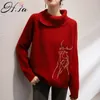 H.SA Frauen Unregelmäßige Pullover Weiß Rot Stickerei Pullover Jumper Vintage Weihnachten Strickwaren Pull Femme 210417