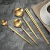 Middagsuppsättningar 304 Rostfritt stål Guld bestick Set Dinner Gaffelkniv Sked Chopsticks Silverware Porslin