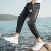 Henchiry New Summer Casual Casual Calças do tornozelo dos homens do corpo Moda Versátil Calças de Jeans Lavável Personalidade Tendência Zipper Calças Retas X0621
