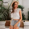 Lace embroidery women tank Ruffled hollow out o-neck peplum female summer style Streetwear ladies white tops 210414