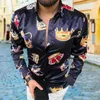 Men's Casual Shirts Fashion Crown Print Men Shirt Turn-down Collar Smooth Long Sleeve Buttons Slim Streetwear3017