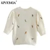 Women Fashion With Embroidery Cropped Knitted Cardigan Sweater Vintage Puff Sleeve Female Outerwear Chic Tops 210416