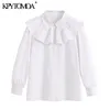 Women Sweet Fashion Embroidery Ruffled White Blouses Puff Sleeve Buttons Female Shirts Blusas Chic Tops 210420