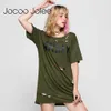 Jocoo Jolee solide percé trou T-shirt femmes mode lettre manches courtes été décontracté lâche marque longue conception chemises pour dame 210619