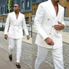 Casual Summer Beach Męskie Formalne Białe Pościel Garnitury Groom Nosić Podwójne Party Party Wedding Peaked Lapel Tuxedos (Kurtka + Spodnie) X0608