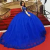 2023 Fantastiska Quinceanera -kl￤nningar Royal Blue Sheer Long Sleeve Jewel Floral Applique P￤rlkulkl￤nningar Princess Prom Sweet 16 Dress