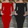 Frauen Bleistift Kleid Mode Off-the-Schulter Weibliche Hohe Taille Lange Hülse Bodycon Casual Party Cocktail Midi Kleidung 210522