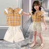 Kinderkleding Plaid Tshirt + Korte Meisjes Outfits Brief Zomer voor Tiener Kind 6 8 10 12 14 210528