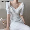 Sommer Koreanische Chic Frauen Solide Kleider Französisch Stil V-ausschnitt Hohe Taille Kurze Puff Sleeve Chiffon Weibliche Elagant Party 210423