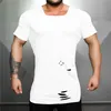 Letni krótki rękaw Ripped Hole T Shirt Mężczyźni T-shirt Męski Tee Fitness and Bodybuilding Tshirt Mężczyźni Siłownie Koszula kompresyjna 210421