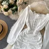 Elegante effen hoge taille bladerdeeg mouw vrouwen jurken off shoulder vintage Koreaanse vestidos vierkante kraag ruches kleding 210519