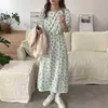 Loose Lace-Up Short Sleeves Florals Printed Long Dresses Romance Stylish Femme Chic All Match Vestidos 210525