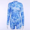 CNYISHE Fashion Neon Tie Dye Rompers Casual Biker Shorts Rompers Women Jumpsuits Long Sleeve Active Wear Skinny Playsuits 210419