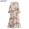 Zevity女性のファッション花柄プリートシングルブレストシャツの女性3四半期袖Midi VestidoシックドレスDS8391 210603
