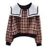 Automne Hiver Hoodies Poupée Col Dames Sweatershirts Femmes Lâche Coréen Court Plaid Top UK172 210507