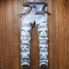 Mode lichtblauwe mannen gescheurde gat jeans Europese en Amerikaanse stijl slim fit denim broek streetwear pantalons pour hommes