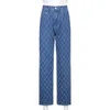 Moda Argyle Pattern Blue Y2K Jeans per ragazze Donna Casual Donna Vintage Denim Pantaloni a vita alta Pantaloni Harajuku 210510