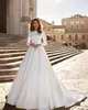Muslim Long Sleeve A Line Wedding Gowns 2021 Jewel Neck Lace Appliqued Elegant Satin Arabic Dubai Bridal Dresses Sweep Train Church Vestidos De Novia Simple AL9104