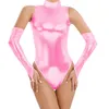 Women's Jumpsuits & Rompers Plus Size Faux Leather Dancing Bodysuit Women High Cut Sleeveless Sexy Turtleneck Leotard Shiny Costume With Glo