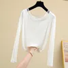 Korean Women Fashion Off Shoulder Tshirt Tunic Tops Long Sleeve Soft T-shirt Hollow Out Sexy Tops Black White 210604