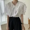 Elegant Vintage Lace Lapel Vit Blusar Kvinnor Sommar Koreansk stil Puff Sleeve Toppar Skjorta Femme Blusas 210525