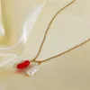 Natural Freshwater Pearl Red Coral Pendant Stainless Steel Necklace For Women Unique Choker Jewelry Summer Party Necklaces 1816 Q2