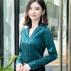 Dark Green Shirt Women Long Sleeve Satin Professional Formal Spring Fashion Loose Blouses High Quality Work Tops 210604