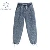 Wiosenna moda dżinsy z drukiem Kobiety Lace Up Stretch Waist Spodnie Streetwear Oversize Baggy Szerokie nogi FEMME 210515