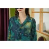 Pintura a óleo Botão superior verde para cima camisa Lapela de manga comprida blusa floral impressão solta outono roupas 210427