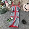 moda damska retro elegancka jednorzędowa patchworkowa spaghetti pasek dzianinowy ołówek kolor blokowy krótka szkolna sukienka plażowa boho