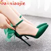 Dress Shoes Summer Cool Suede Women Sandal Green Pointed End 11CM Buckle Strap Super High Heels Black Cover Heel Ribbon Bow Stiletto