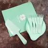 NEWIndividually Packaged Disposable Flatware Plastic Birthday Cake 1 Knife 5Fork 5Water-drop Shape Plate Cutlery Set Bag RRE10558