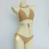 3 adet Bikini Set Kadın Tığ Kabuk Püskül Bikini Üst Ve Deniz Kabuğu Ayak Bileği Zincir Seksi Tanga Hollow-Out Düşük Bel Bikini Alt Y0820