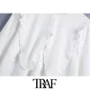 TRAF Women Sweet Fashion With Ruffle Trim White Mini Dress Vintage Big Collar Long Sleeve Female Dresses Vestidos Mujer 210415
