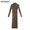 여성 세련된 패션 스트레치 슬림 사이드 슬릿 미디 니트 드레스 빈티지 높은 목 긴 소매 여성 드레스 Vestidos 210416