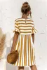 2021 Vår och sommar Graviditetsklänning Ruffled Kortärmad Striped Stitching Maternity Kläder Pocket Lös klänning för Premama Y0924