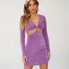 Casual Dresses Purple Long Sleeve Hollow Out Sexy Mini Dress Women 2021 Autumn Bandage V Neck Patchwork Knitting Bodycon Party Ladies