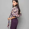 nWinter Elegant Bow Ribbons Blouses Women Korean Style Flower Floral Shirts OL Office Wear Halter Work Tops 210522