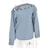 Women Sexy Off Shoulder Long Sleeve Denim Blouses Spring New Loose Pocket Button Female Casual Blue Streetwear Denim Tops 210416